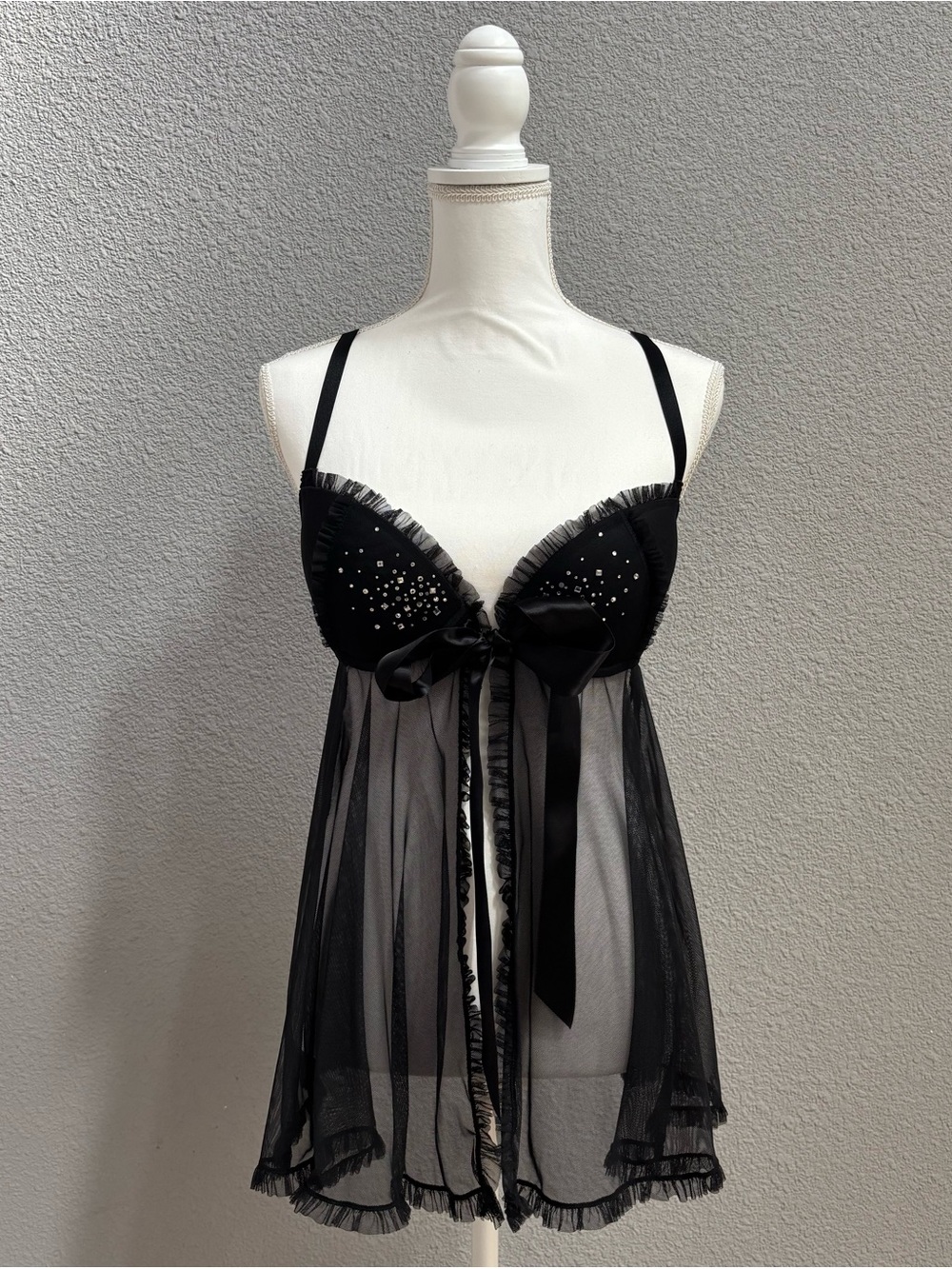 Victoria's Secret Black Sheer Babydoll Chemise with Rhinestone Accents